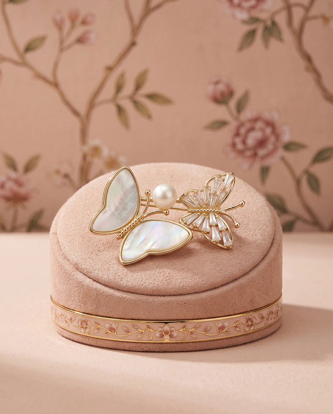 Golden Dual Butterfly Brooch with Mother-of-Pearl & CZ
