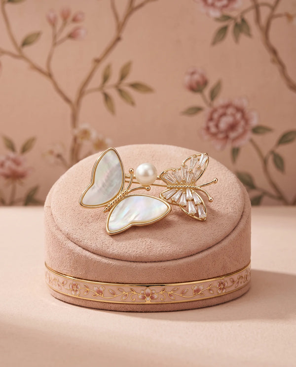 Golden Dual Butterfly Brooch with Mother-of-Pearl & CZ