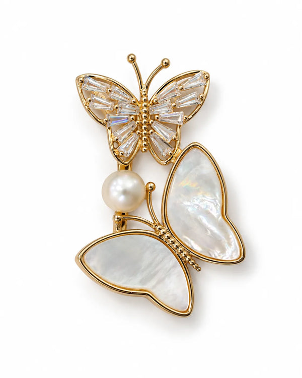 Golden Dual Butterfly Brooch with Mother-of-Pearl & CZ