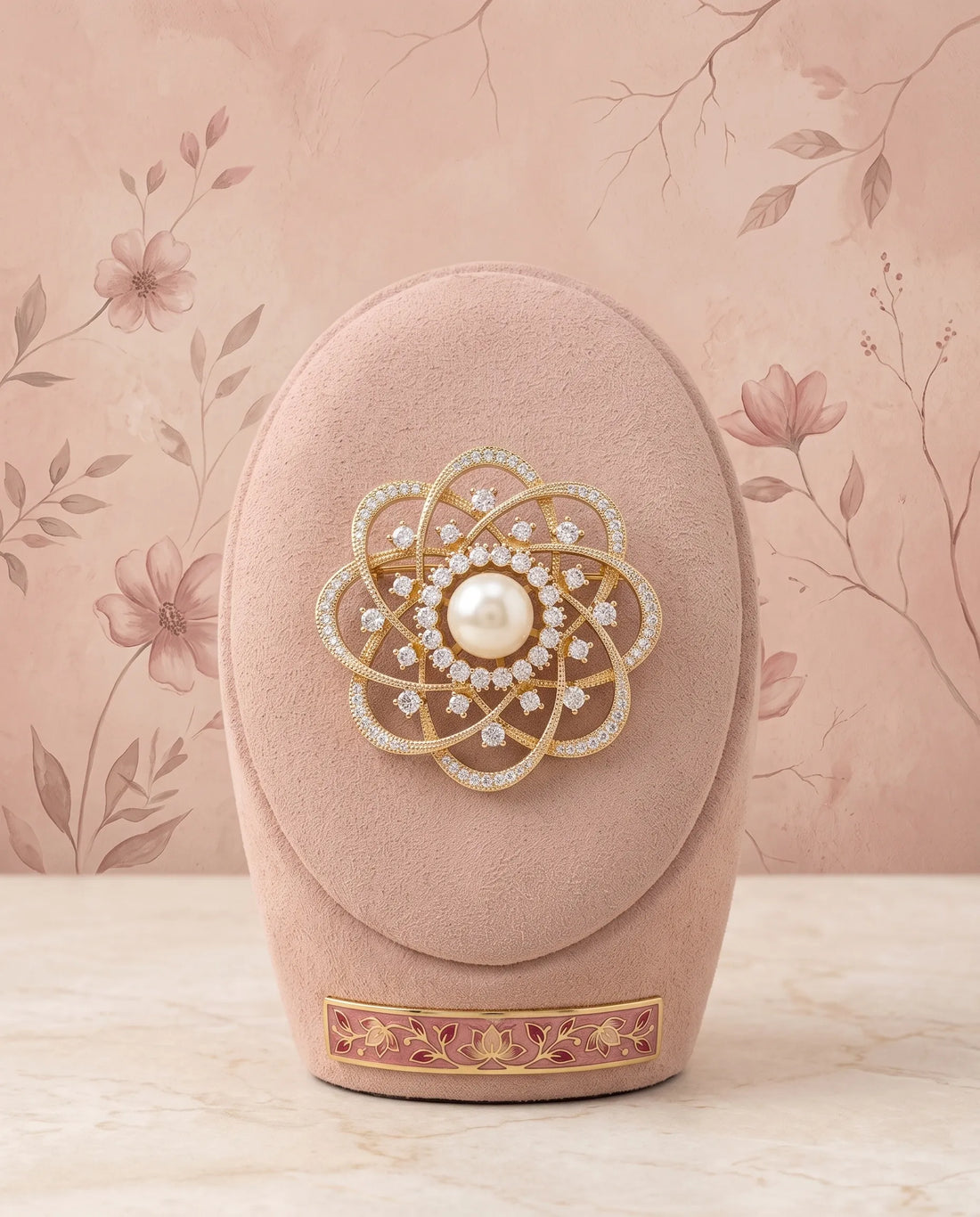 Ornate Floral Lattice Pearl Golden Brooch