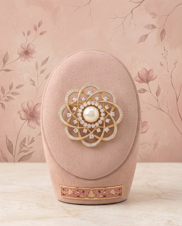 Ornate Floral Lattice Pearl Golden Brooch