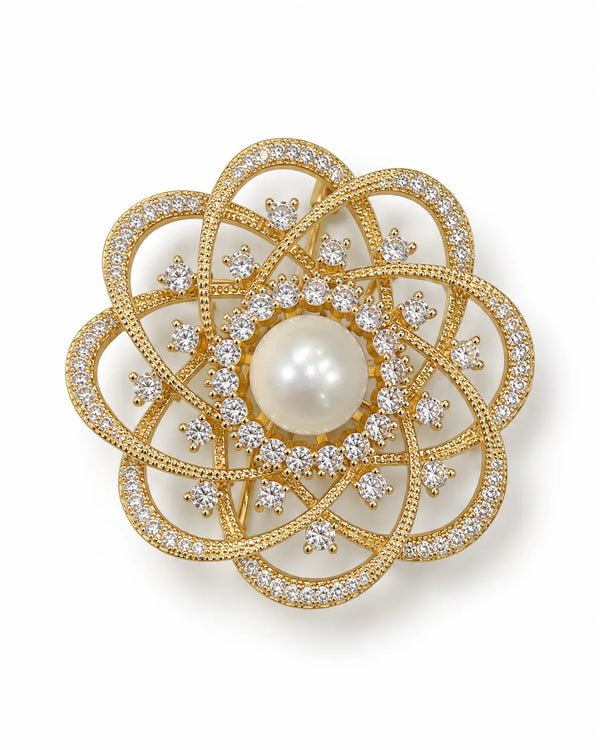Ornate Floral Lattice Pearl Golden Brooch