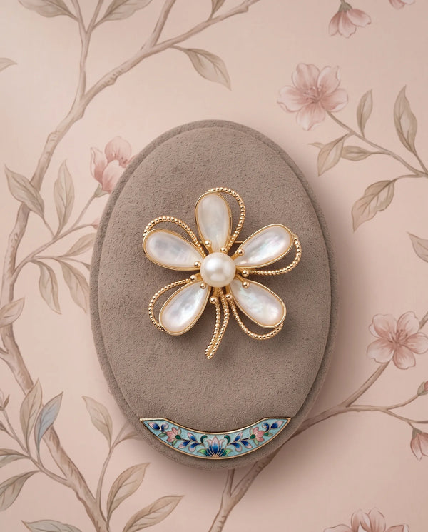 Gold-Tone Mother-of-Pearl & Freshwater Pearl Floral Motif Brooch
