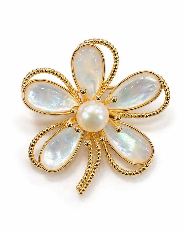 Gold-Tone Mother-of-Pearl & Freshwater Pearl Floral Motif Brooch