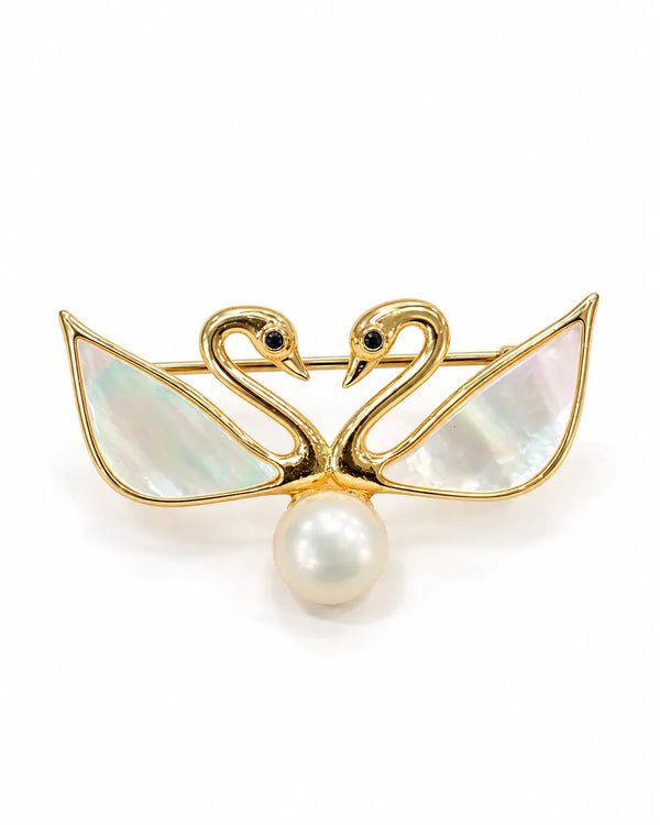 Gold-Tone Mother-of-Pearl & Freshwater Pearl Twin Swan Brooch