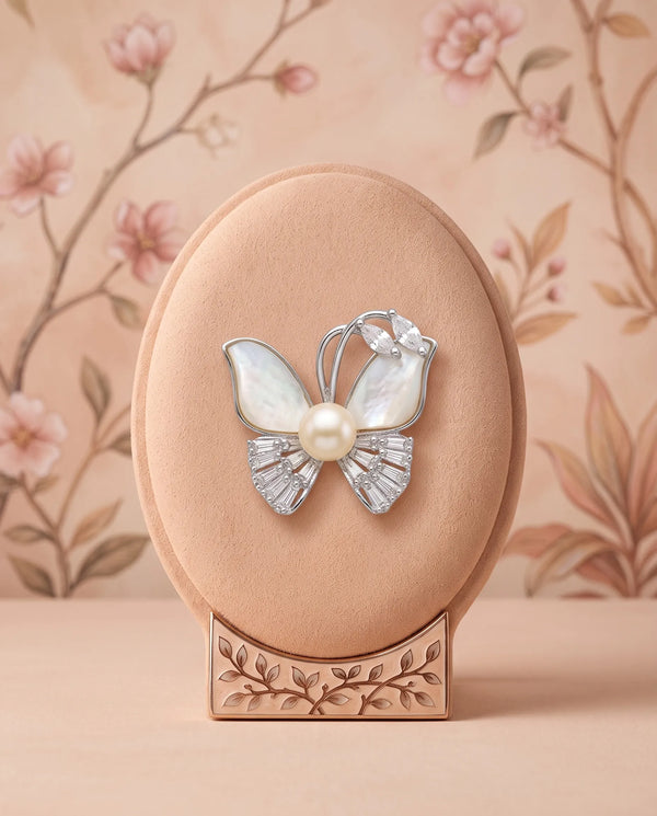 Silver-Tone Mother-of-Pearl & Cubic Zirconia Butterfly Brooch