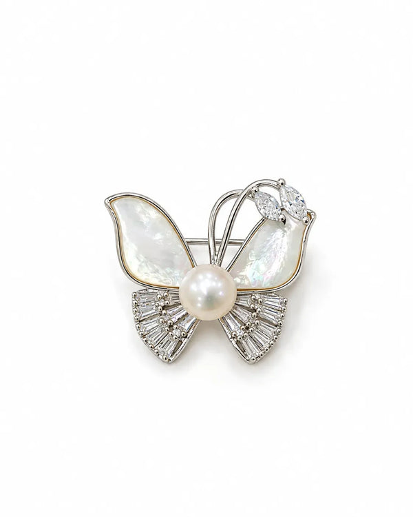 Silver-Tone Mother-of-Pearl & Cubic Zirconia Butterfly Brooch