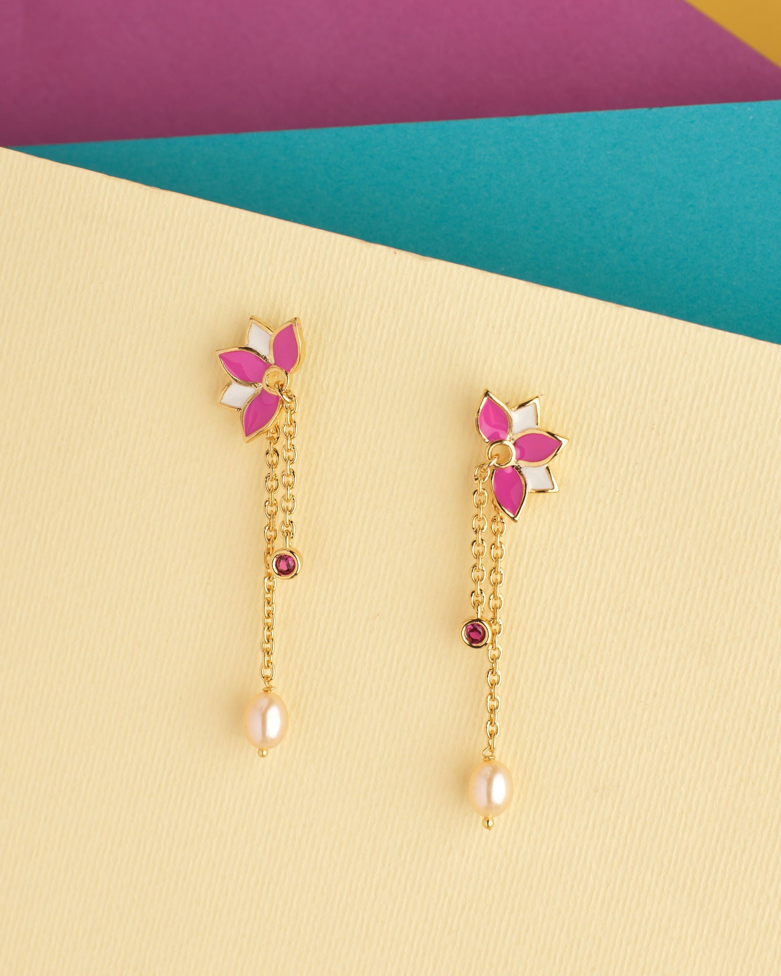 Half Floral Enamel Pink Earring - Chandrani Pearls