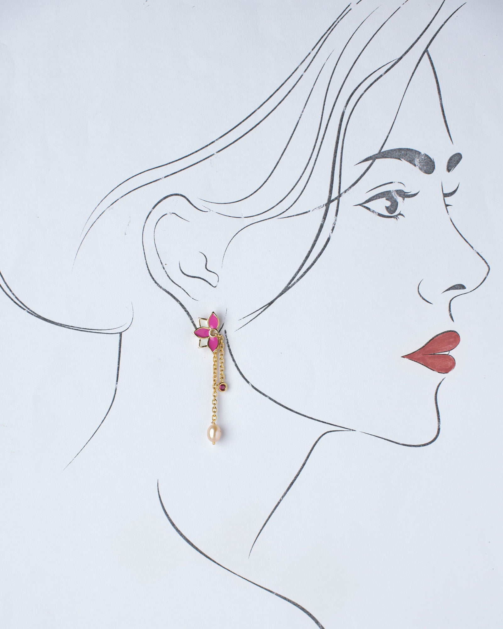 Half Floral Enamel Pink Earring - Chandrani Pearls