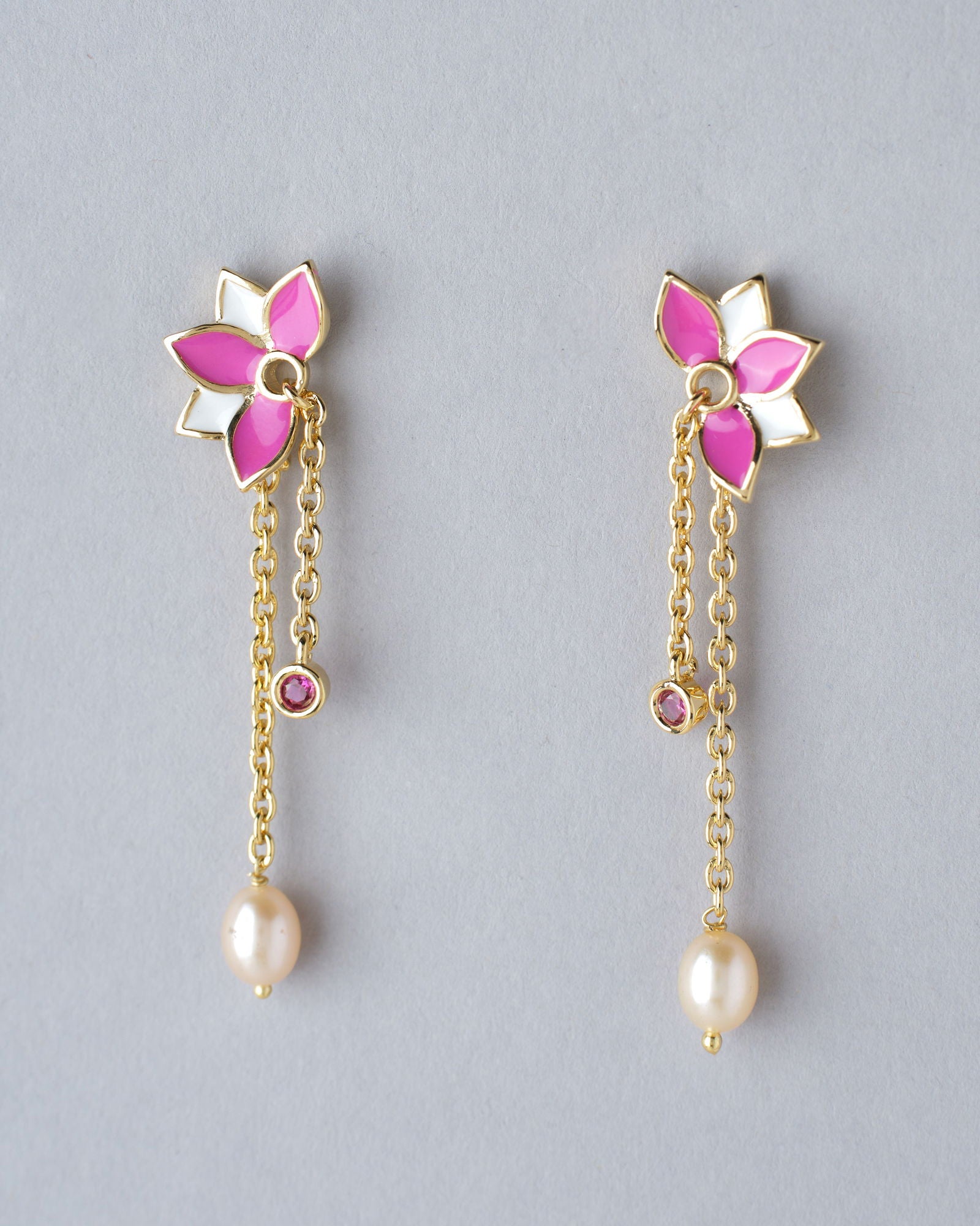 Half Floral Enamel Pink Earring - Chandrani Pearls