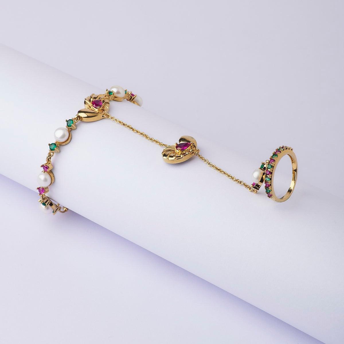 Heart Chain Pearl and Stone Stud Bracelet with Ring - Chandrani Pearls