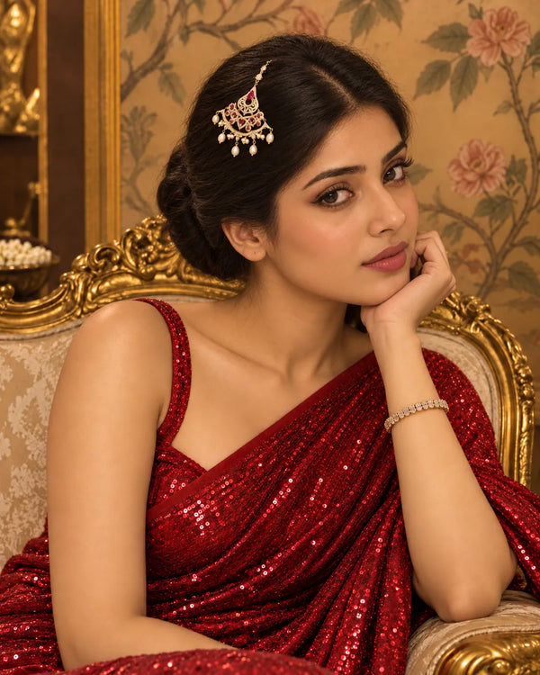 Gold-Tone Ruby-Red CZ Accent & CZ Pearl Filigree Jhumar