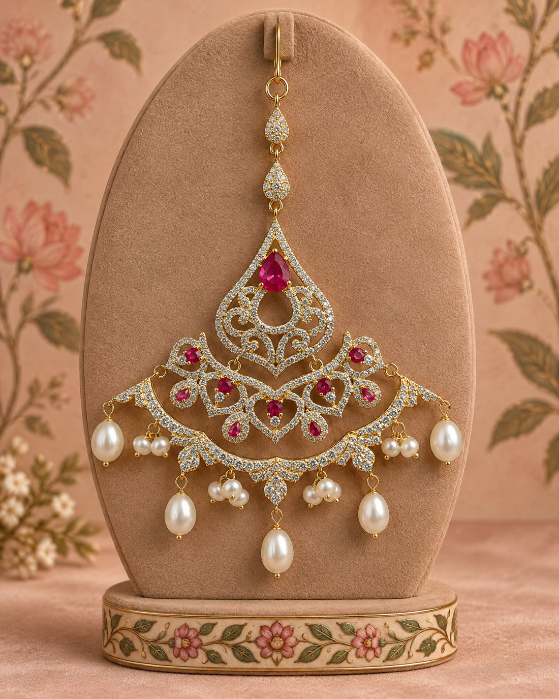 Gold-Tone Ruby-Red CZ Accent & CZ Pearl Filigree Jhumar