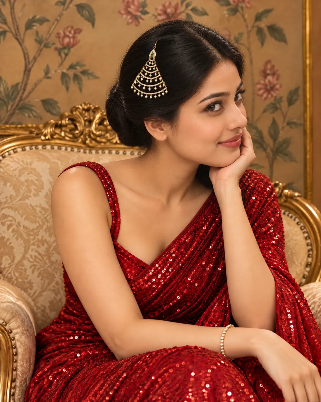 Gold-Tone Emerald-Green Accent & CZ Tiered Pearl Jhumar