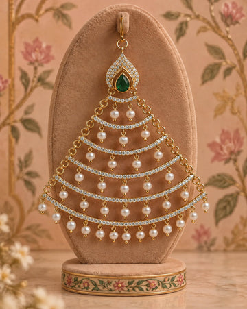 Gold-Tone Emerald-Green Accent & CZ Tiered Pearl Jhumar
