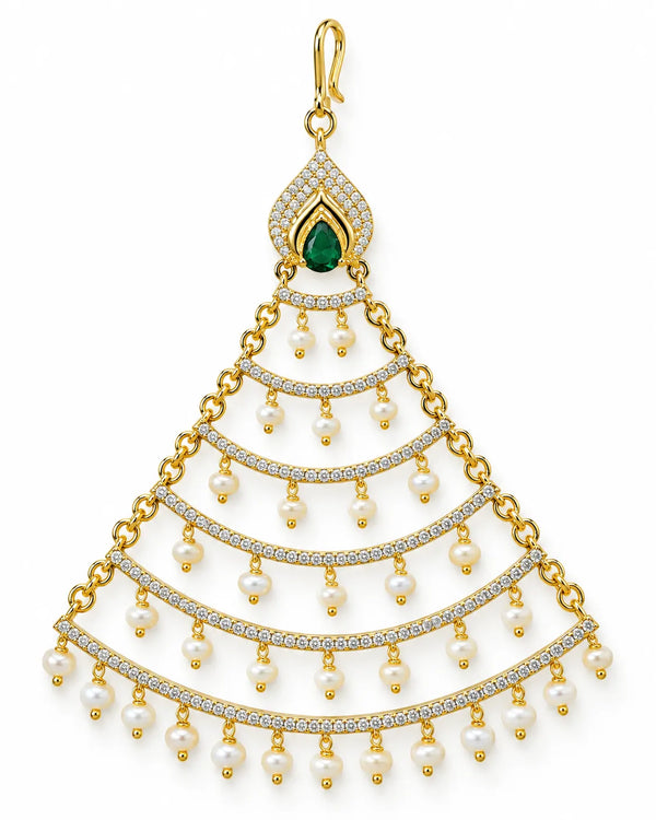 Gold-Tone Emerald-Green Accent & CZ Tiered Pearl Jhumar
