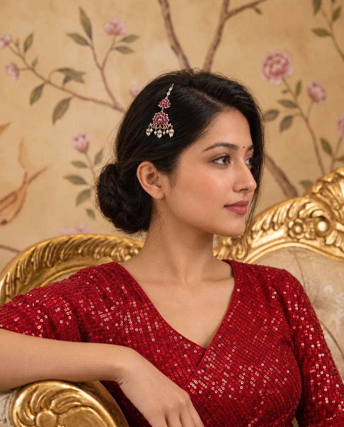 Gold-Tone Ruby-Red CZ Floral Peacock Jhumar
