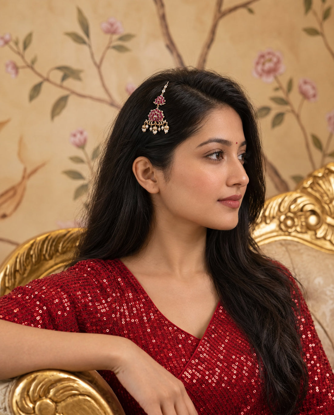 Gold-Tone Ruby-Red CZ Floral Peacock Jhumar