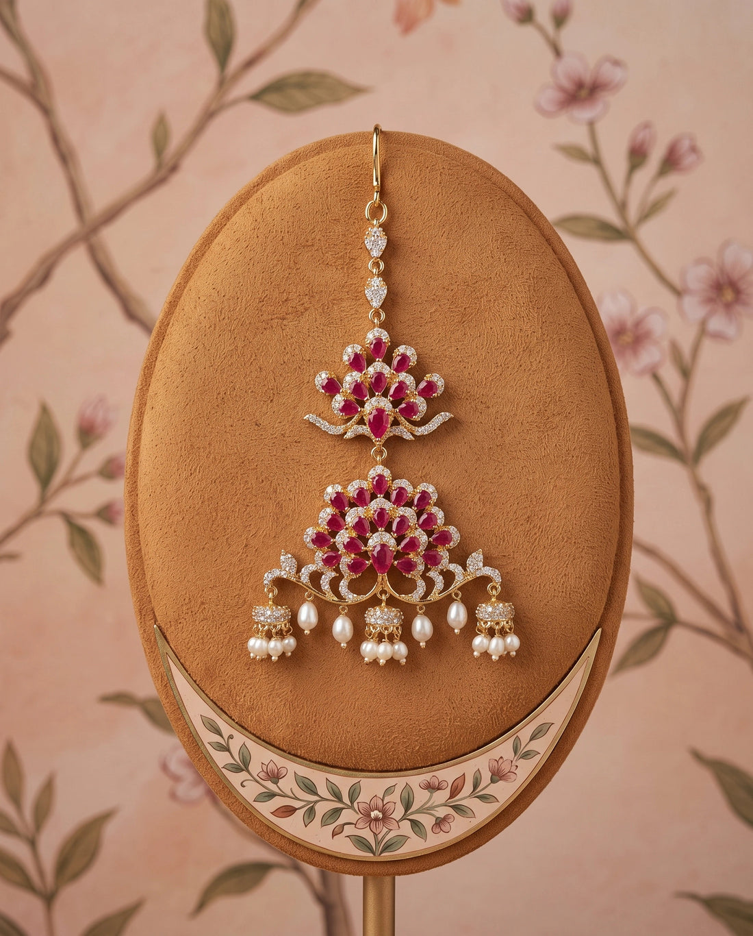 Gold-Tone Ruby-Red CZ Floral Peacock Jhumar