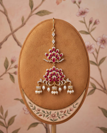 Gold-Tone Ruby-Red CZ Floral Peacock Jhumar