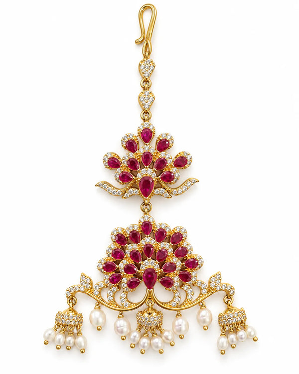 Gold-Tone Ruby-Red CZ Floral Peacock Jhumar