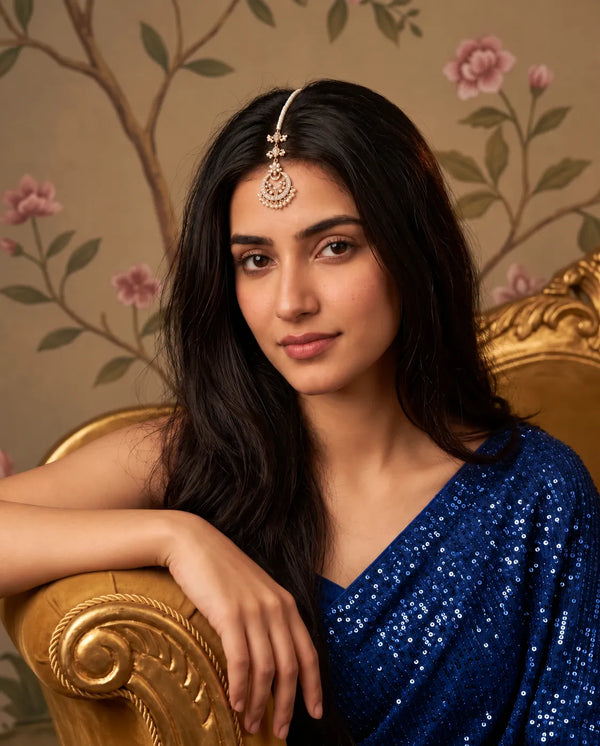 Gold-Tone White Pearl & Cubic Zirconia Crescent Maang Tikka