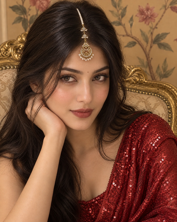 Gold-Tone White Pearl & Cubic Zirconia Crescent Maang Tikka