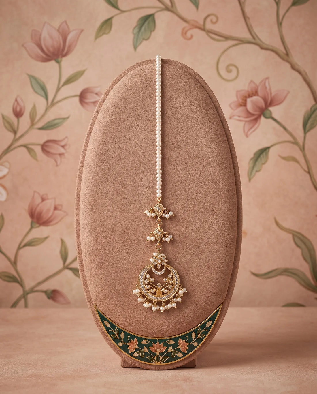 Gold-Tone White Pearl & Cubic Zirconia Crescent Maang Tikka