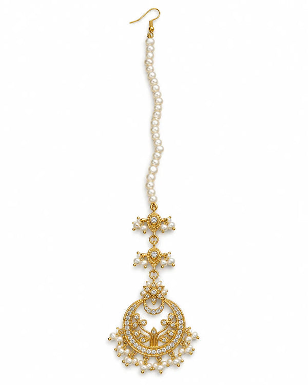 Gold-Tone White Pearl & Cubic Zirconia Crescent Maang Tikka