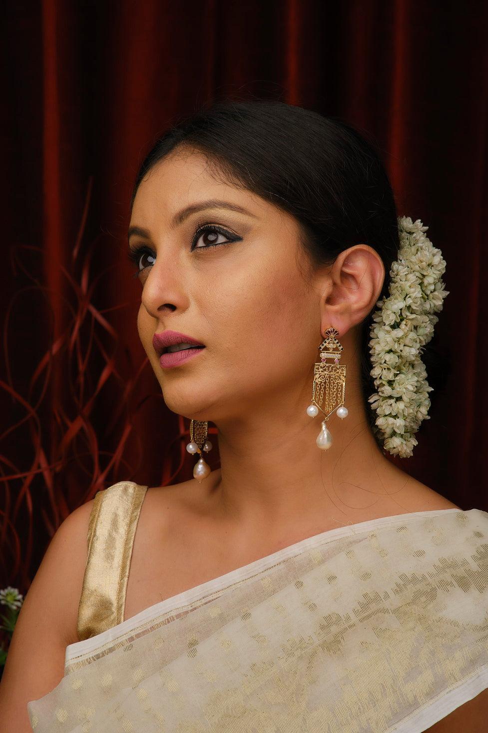 Intricate Trio AD Stone Pearl Jhumka - Chandrani Pearls