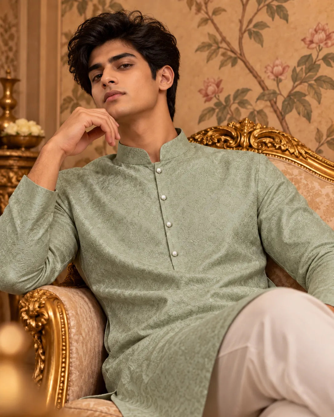 Gold Pearl Kurta Button Set with Link Chain