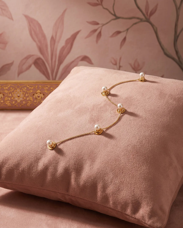 Gold Pearl Kurta Button Set with Link Chain