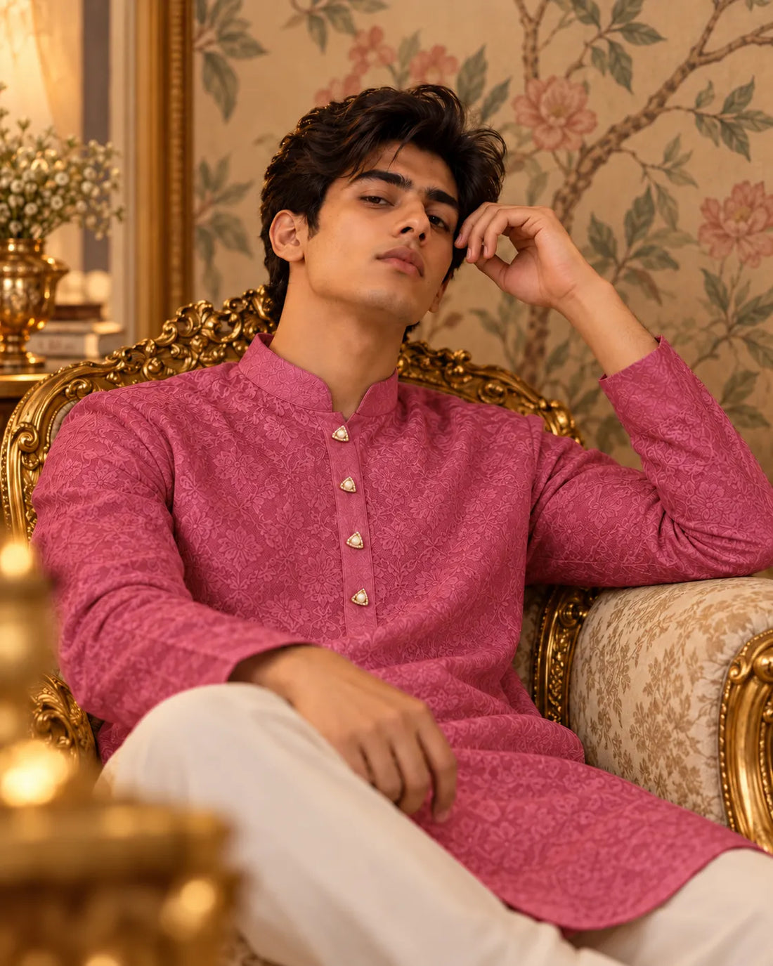 Geometric Pearl & CZ Gold Kurta Button Set with Link Chain