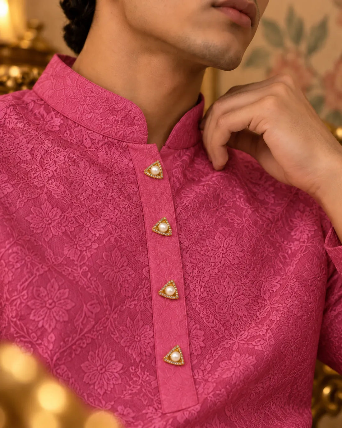 Geometric Pearl & CZ Gold Kurta Button Set with Link Chain