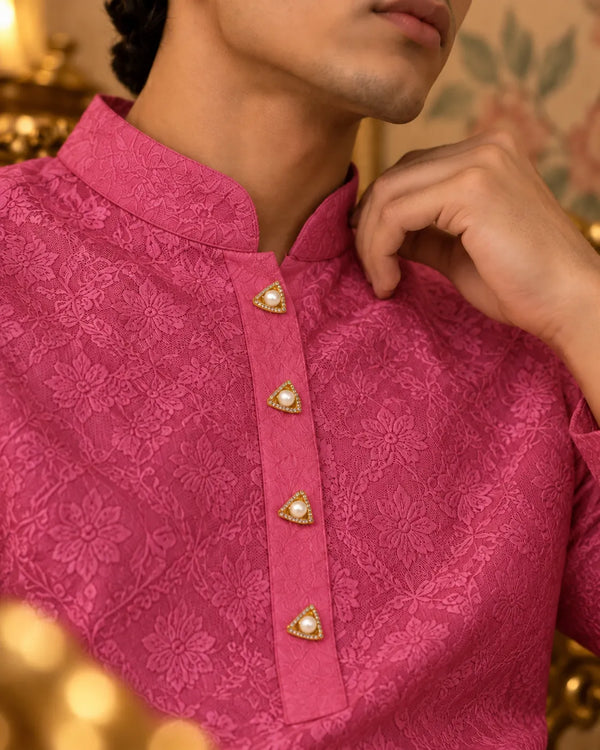 Geometric Pearl & CZ Gold Kurta Button Set with Link Chain