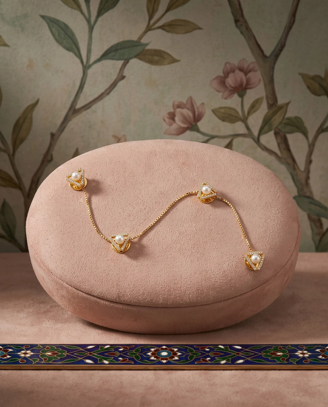 Geometric Pearl & CZ Gold Kurta Button Set with Link Chain