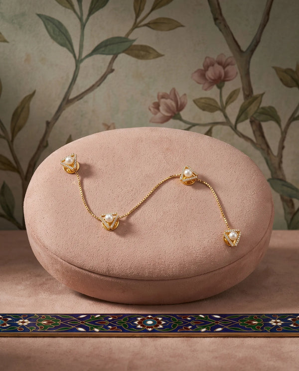 Geometric Pearl & CZ Gold Kurta Button Set with Link Chain