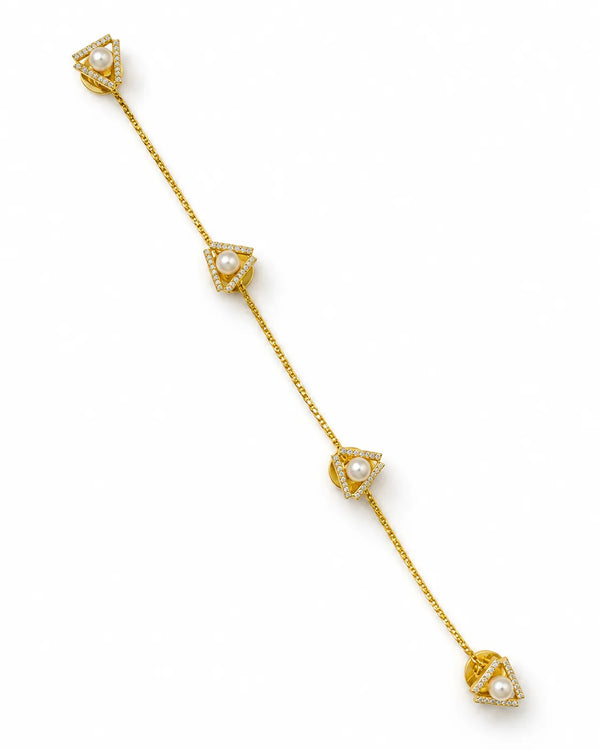Geometric Pearl & CZ Gold Kurta Button Set with Link Chain
