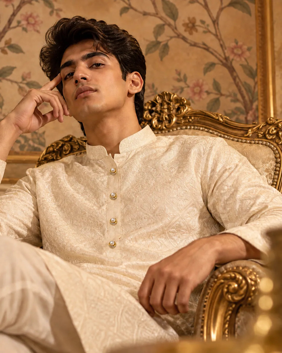 Gold Pearl & CZ Circular Kurta Button Set with Link Chain