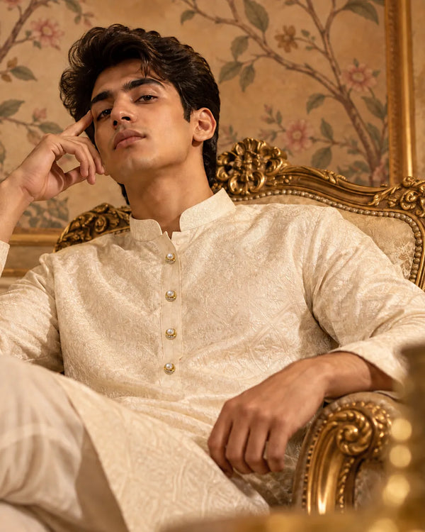 Gold Pearl & CZ Circular Kurta Button Set with Link Chain