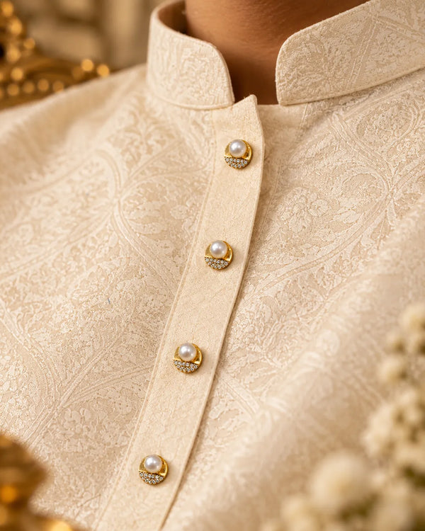 Gold Pearl & CZ Circular Kurta Button Set with Link Chain