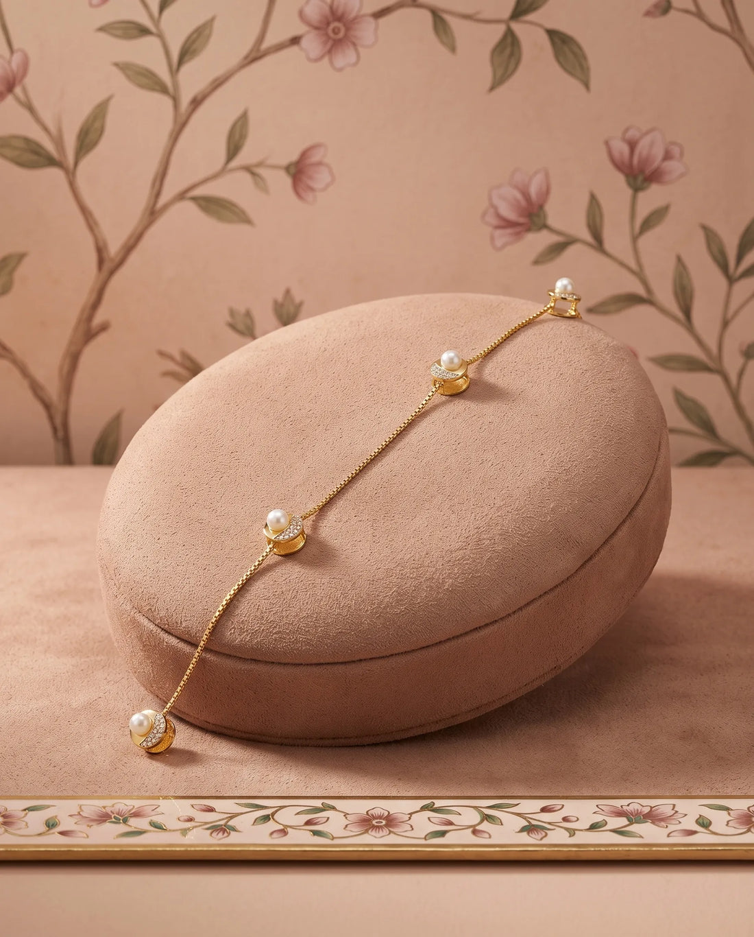 Gold Pearl & CZ Circular Kurta Button Set with Link Chain