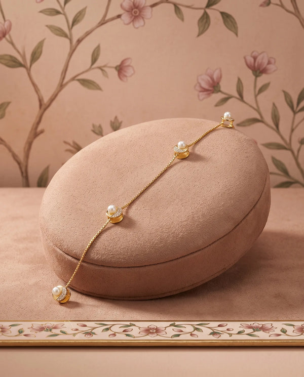 Gold Pearl & CZ Circular Kurta Button Set with Link Chain