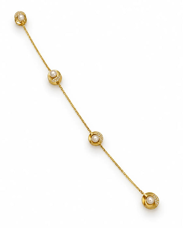Gold Pearl & CZ Circular Kurta Button Set with Link Chain