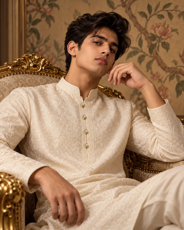 Gold Square Pearl & CZ Kurta Button Set with Link Chain