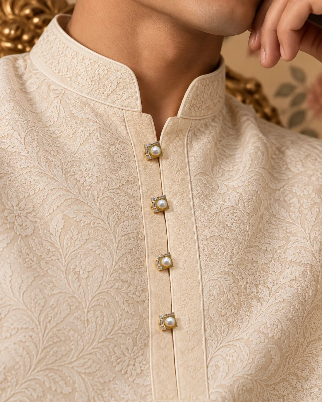 Gold Square Pearl & CZ Kurta Button Set with Link Chain