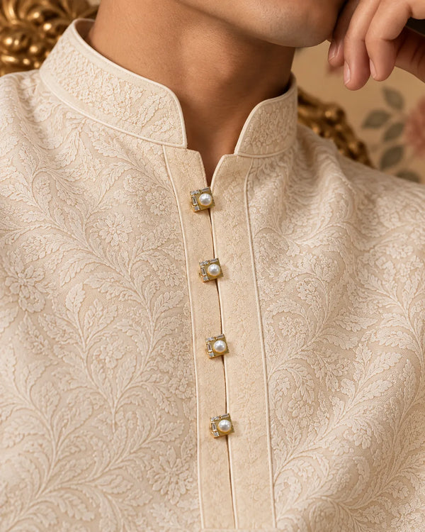 Gold Square Pearl & CZ Kurta Button Set with Link Chain