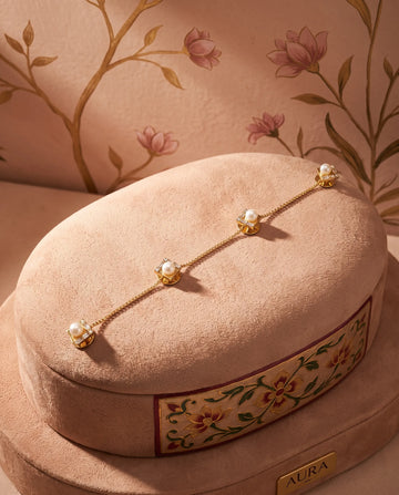 Gold Square Pearl & CZ Kurta Button Set with Link Chain