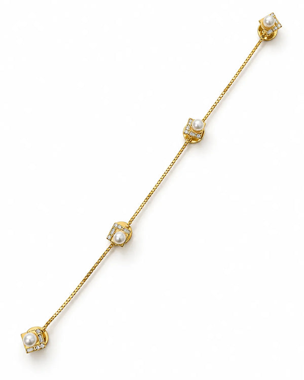 Gold Square Pearl & CZ Kurta Button Set with Link Chain