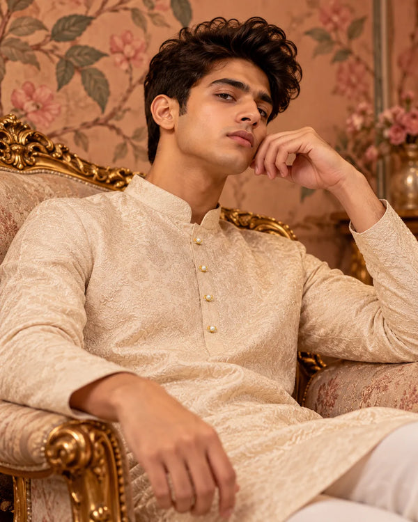 Gold-Tone Pearl & CZ Kurta Button Set with Link Connecting Chain